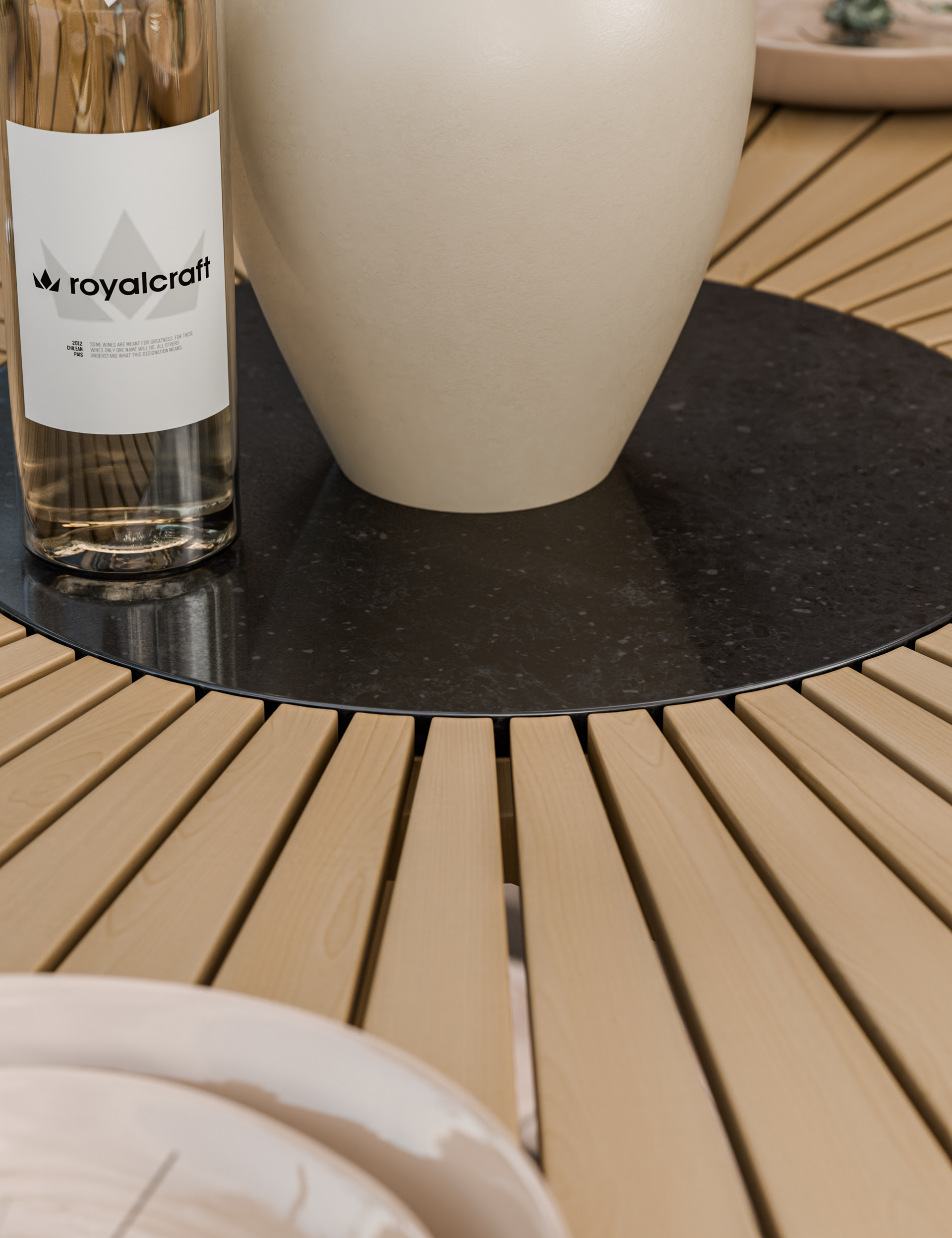 Roma 4 Seater Round Sunray with Terrazzo Insert Dining Set with Roma Rope Stacking Chairs