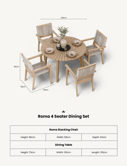 Roma 4 Seater Round Sunray with Terrazzo Insert Dining Set with Roma Rope Stacking Chairs