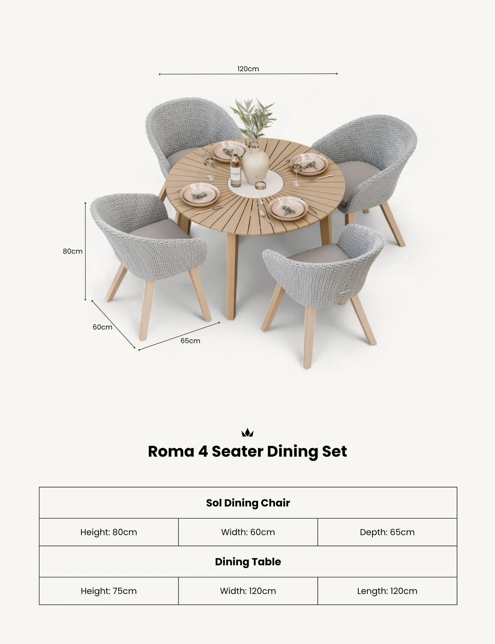 Image of Roma 4 Seater Round Sunray with Terrazzo Insert Dining Set with Sol Dining Chairs