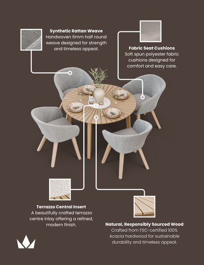 Roma 4 Seater Round Sunray with Terrazzo Insert Dining Set with Sol Dining Chairs