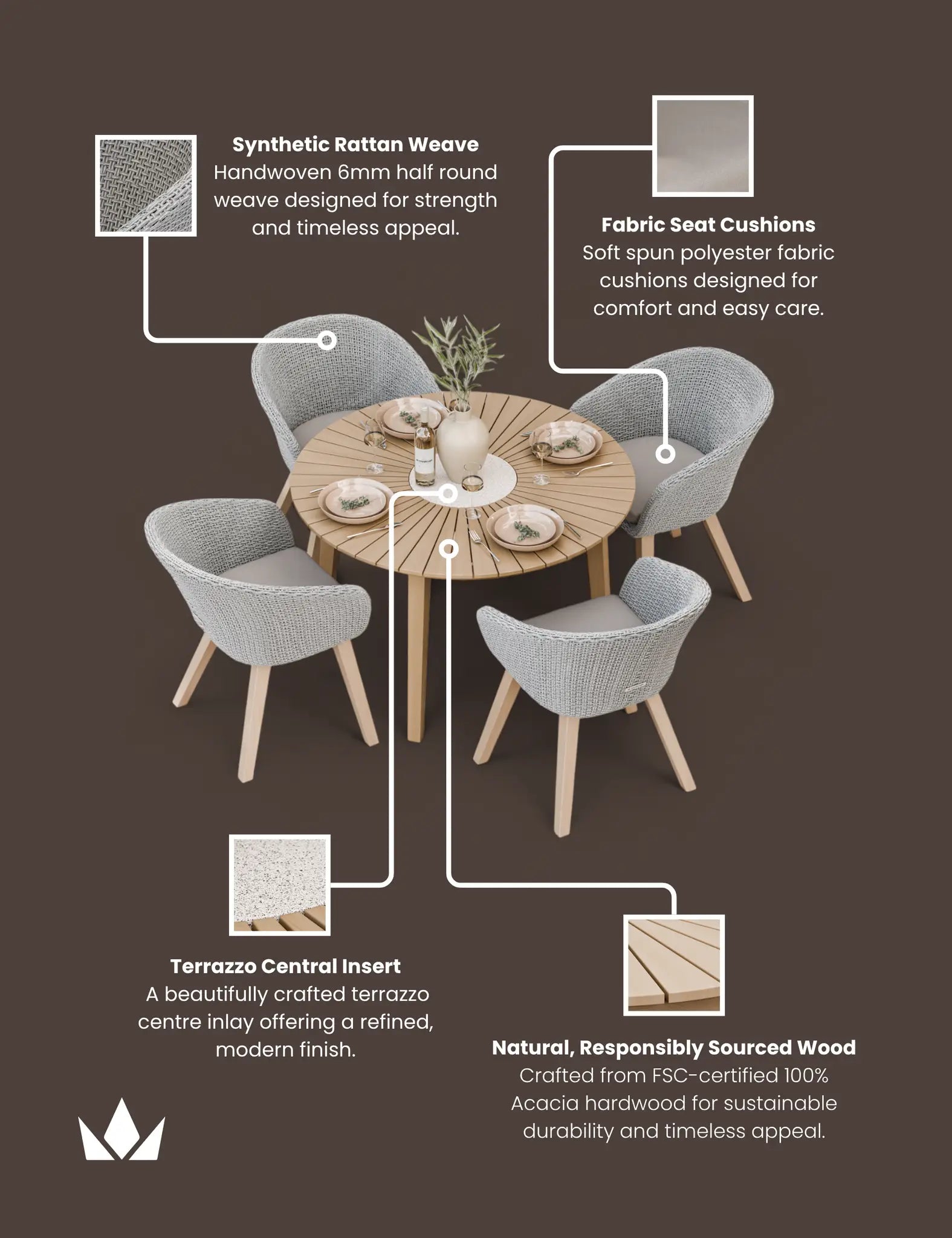 Image of Roma 4 Seater Round Sunray with Terrazzo Insert Dining Set with Sol Dining Chairs