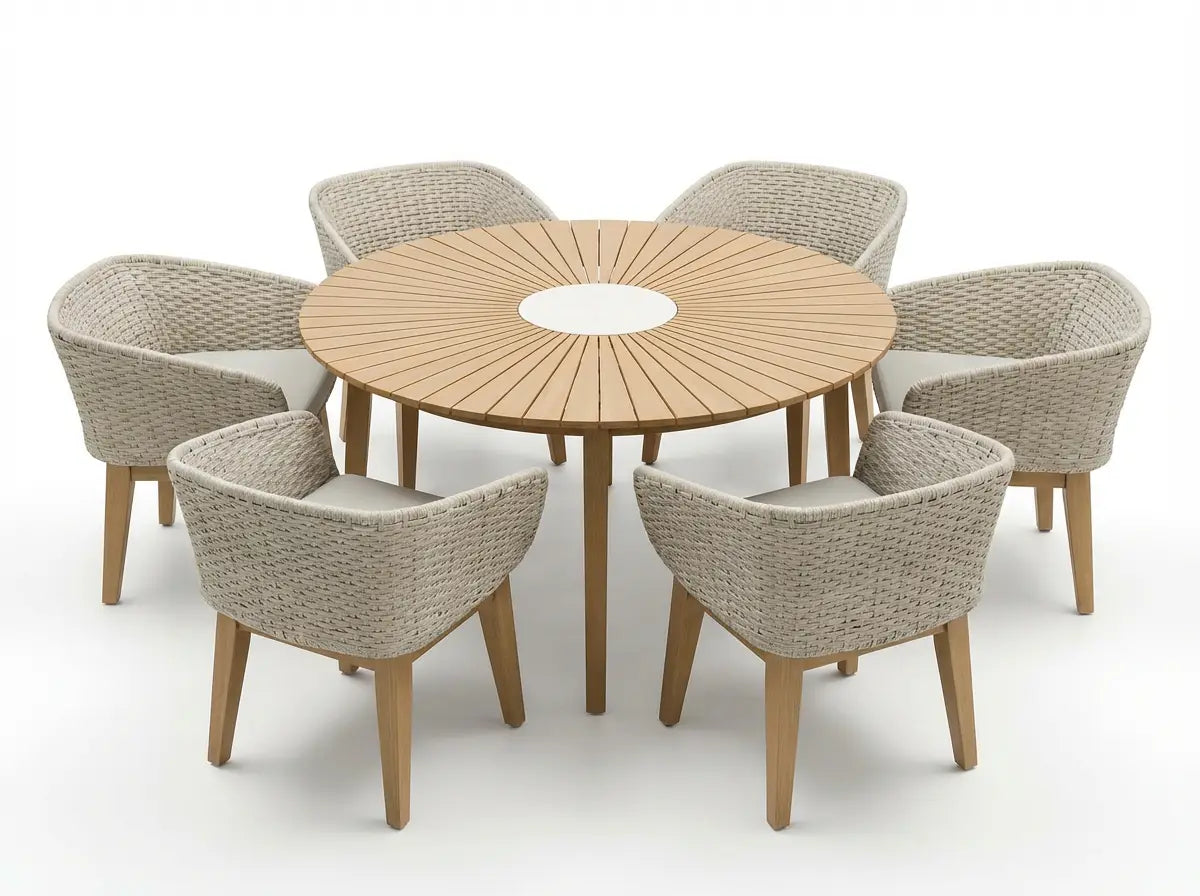 Image of Roma 6 Seater Round Sunray with Terrazzo Insert Dining Set with Eden Dusk Chairs