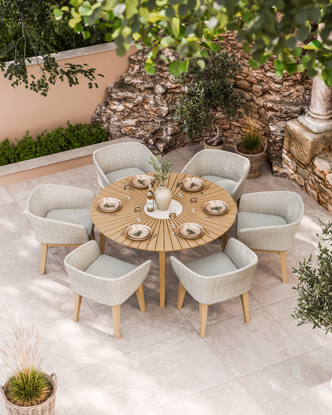 Roma 6 Seater Round Sunray with Terrazzo Insert Dining Set with Eden Dusk Chairs