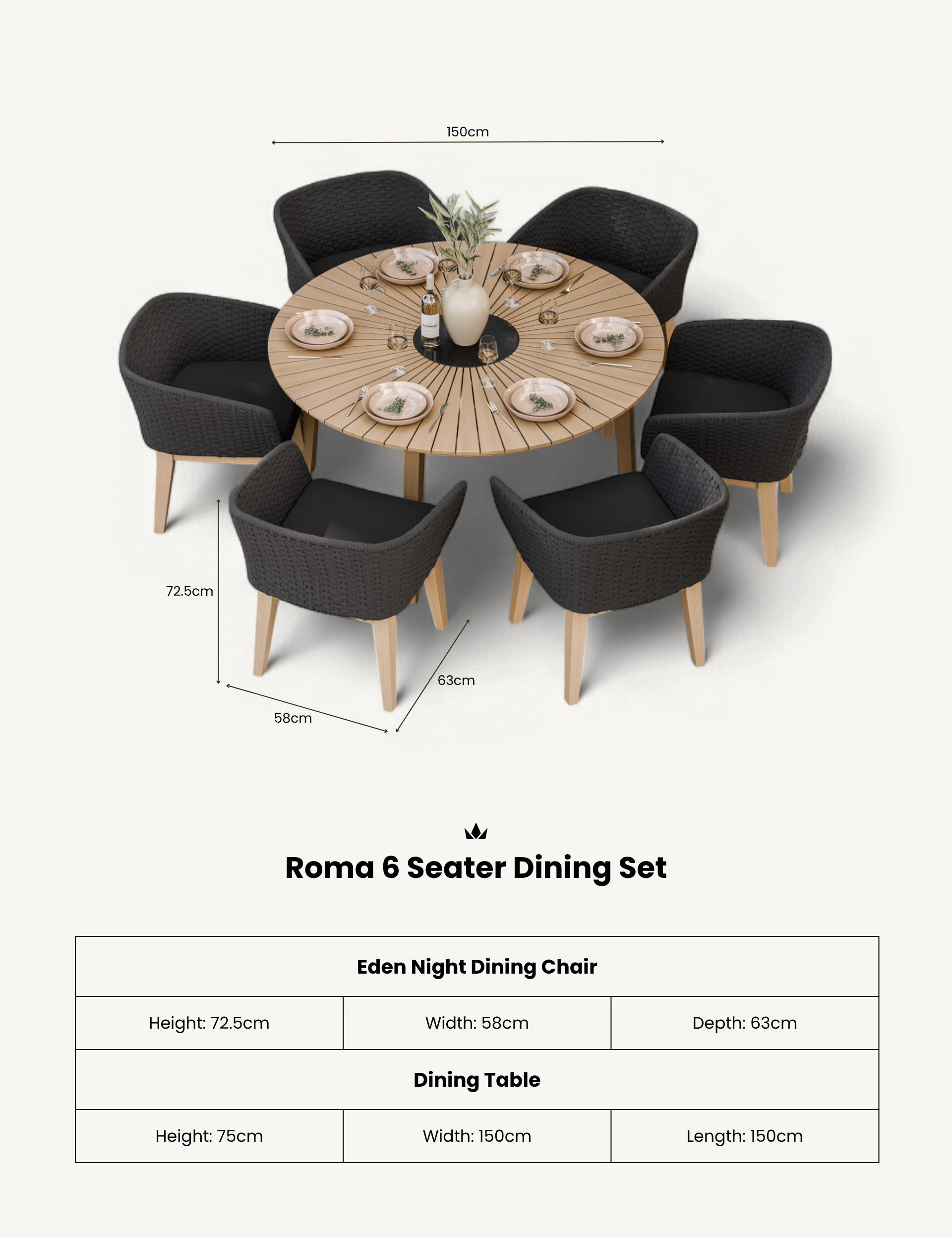 Roma 6 Seater Round Sunray with Black Granite Insert Dining Set with Eden Night Dining Chairs