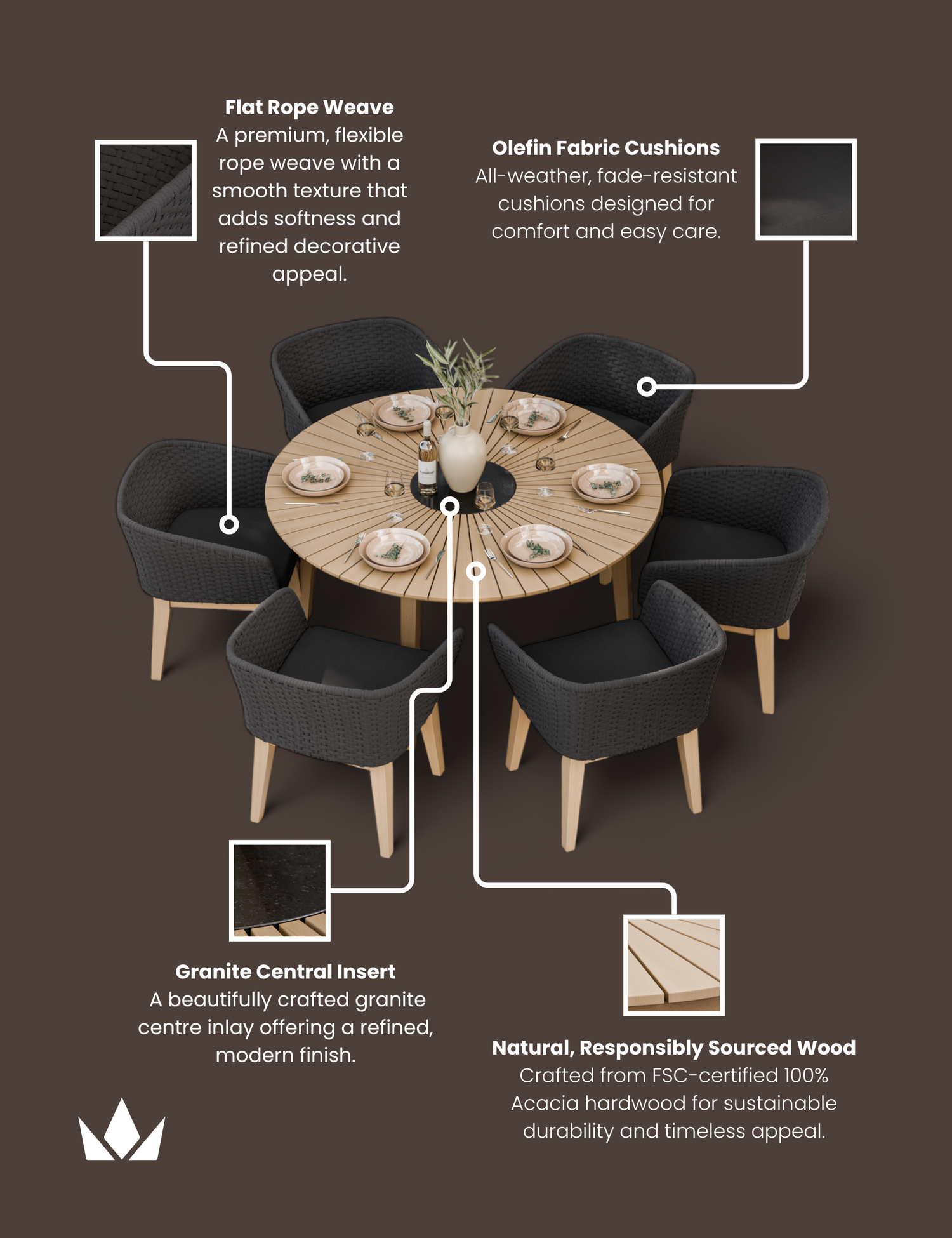 Roma 6 Seater Round Sunray with Black Granite Insert Dining Set with Eden Night Dining Chairs