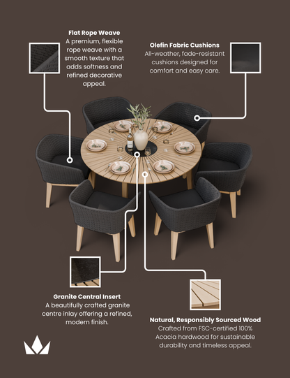 Roma 6 Seater Round Sunray with Black Granite Insert Dining Set with Eden Night Dining Chairs