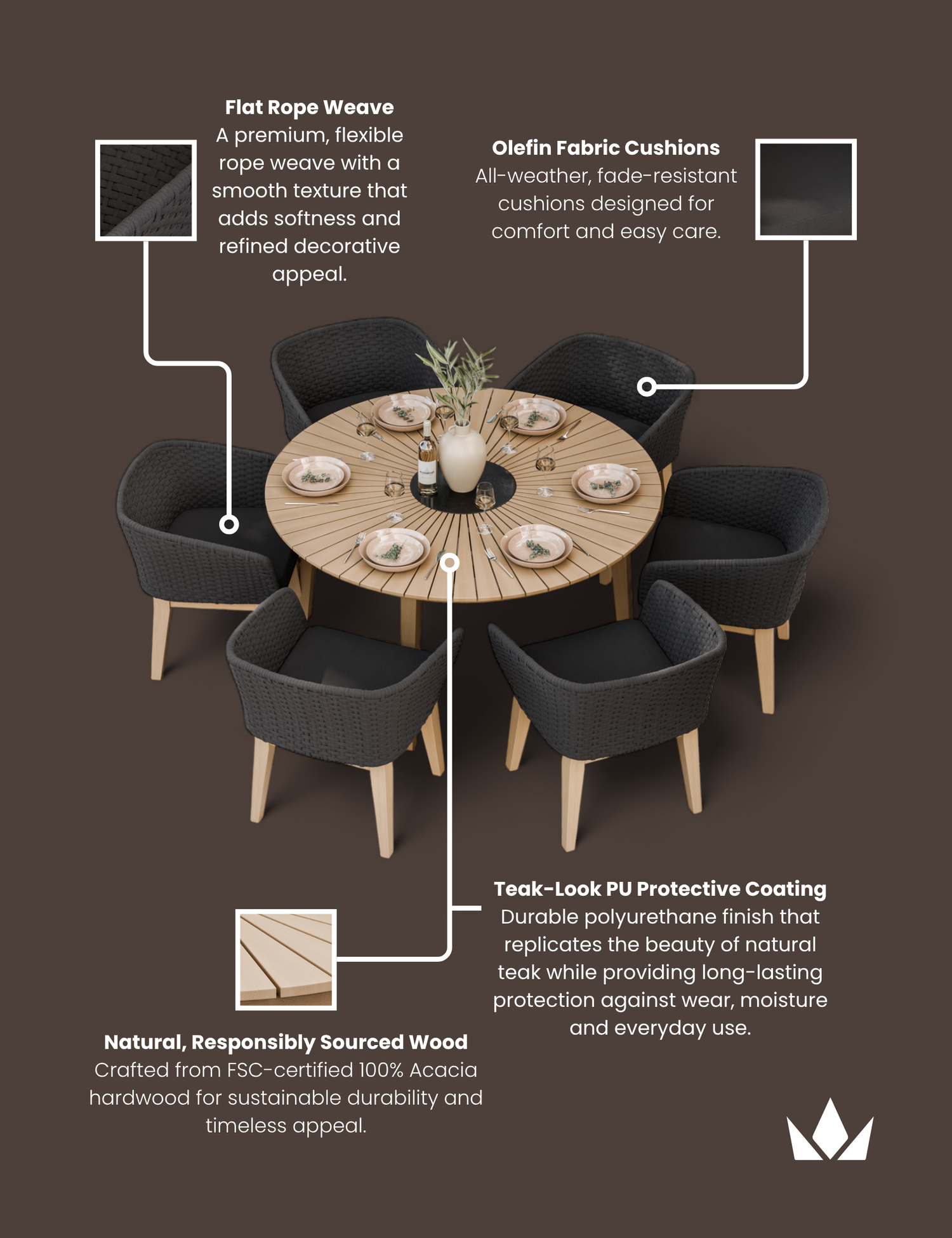 Roma 6 Seater Round Sunray with Black Granite Insert Dining Set with Eden Night Dining Chairs