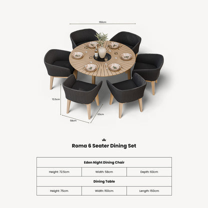 Roma 6 Seater Round Sunray with Black Granite Insert Dining Set with Eden Night Dining Chairs