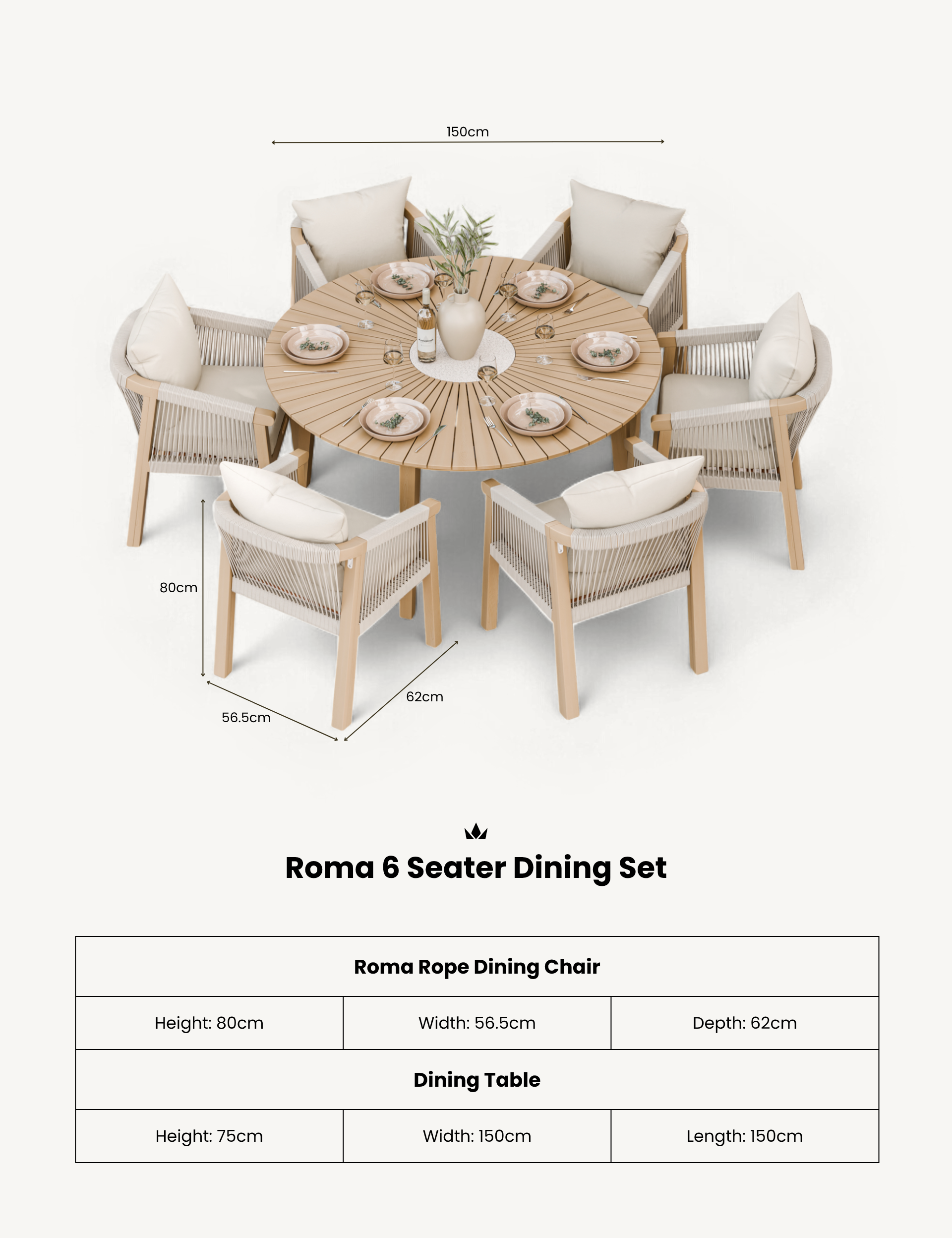 Roma 6 Seater Round Sunray with Terrazzo Insert Dining Set with Roma Dining Chairs