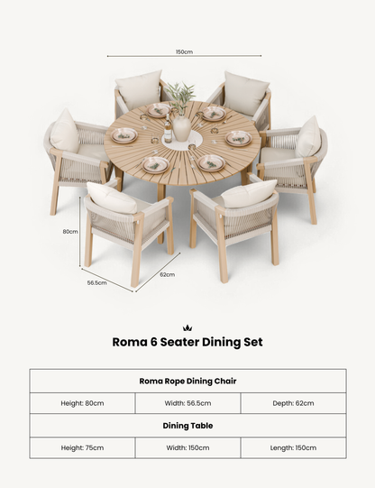 Roma 6 Seater Round Sunray with Terrazzo Insert Dining Set with Roma Dining Chairs