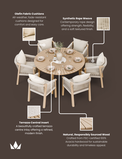 Roma 6 Seater Round Sunray with Terrazzo Insert Dining Set with Roma Dining Chairs