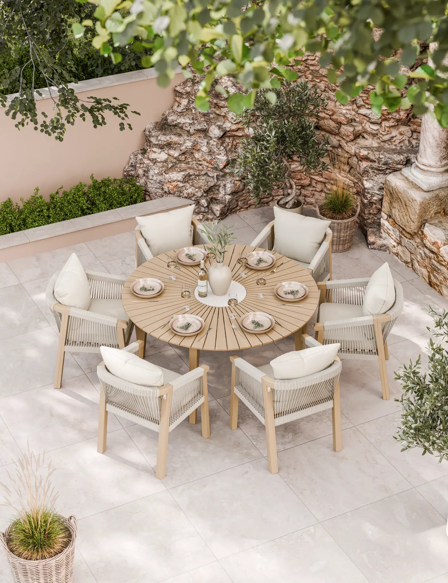 Roma 6 Seater Round Sunray with Terrazzo Insert Dining Set with Roma Dining Chairs