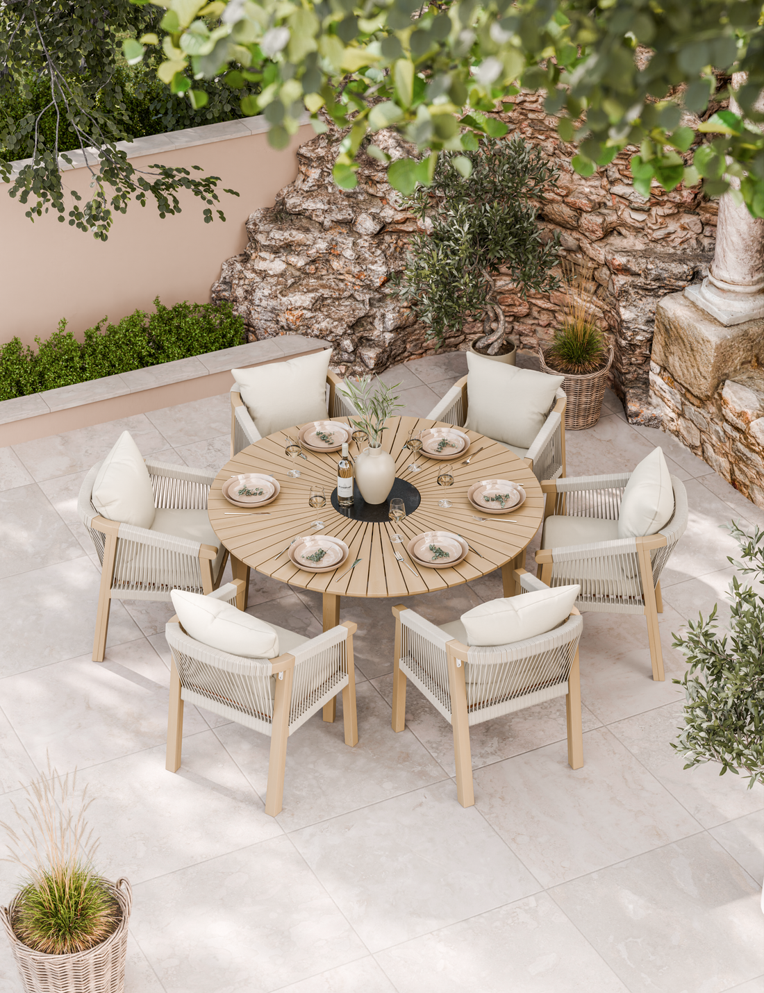 Roma 6 Seater Round Sunray with Terrazzo Insert Dining Set with Roma Dining Chairs