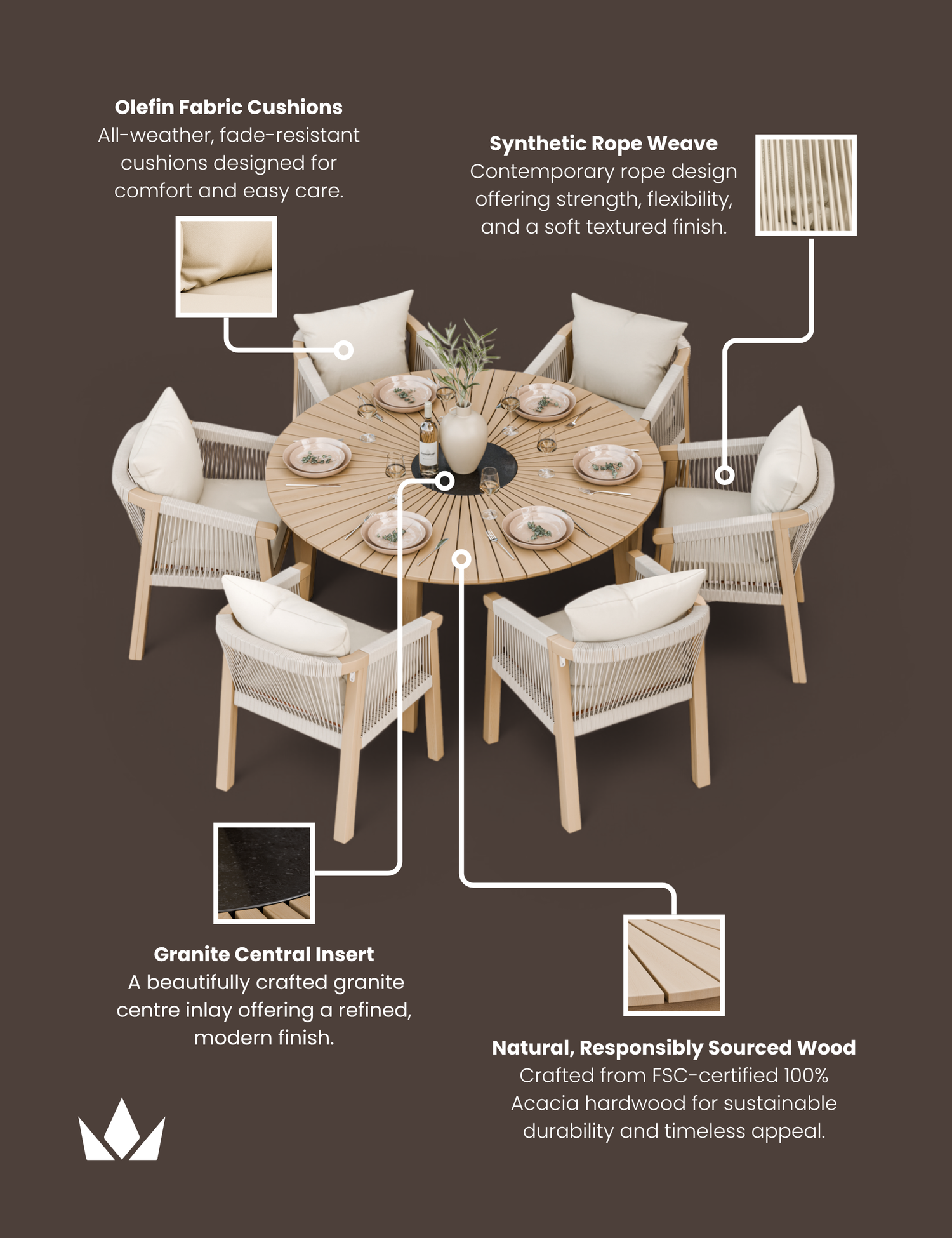 Roma 6 Seater Round Sunray with Terrazzo Insert Dining Set with Roma Dining Chairs