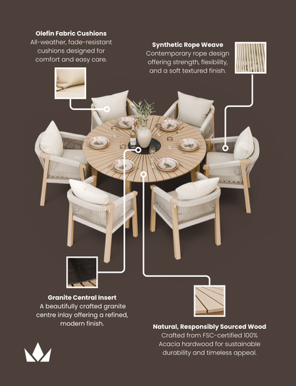 Roma 6 Seater Round Sunray with Terrazzo Insert Dining Set with Roma Dining Chairs