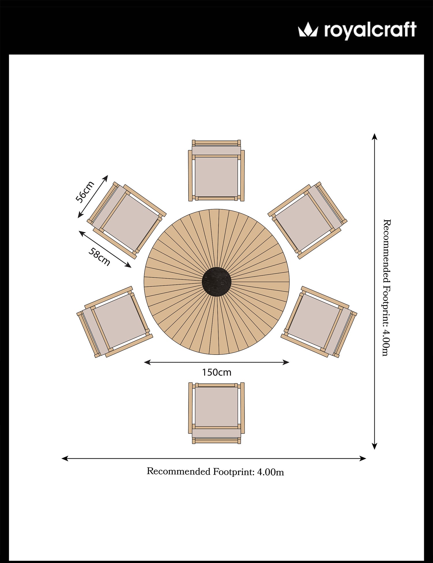 Roma 6 Seater Round Sunray Dining Set with Black Granite Insert and Rope Stacking Chairs