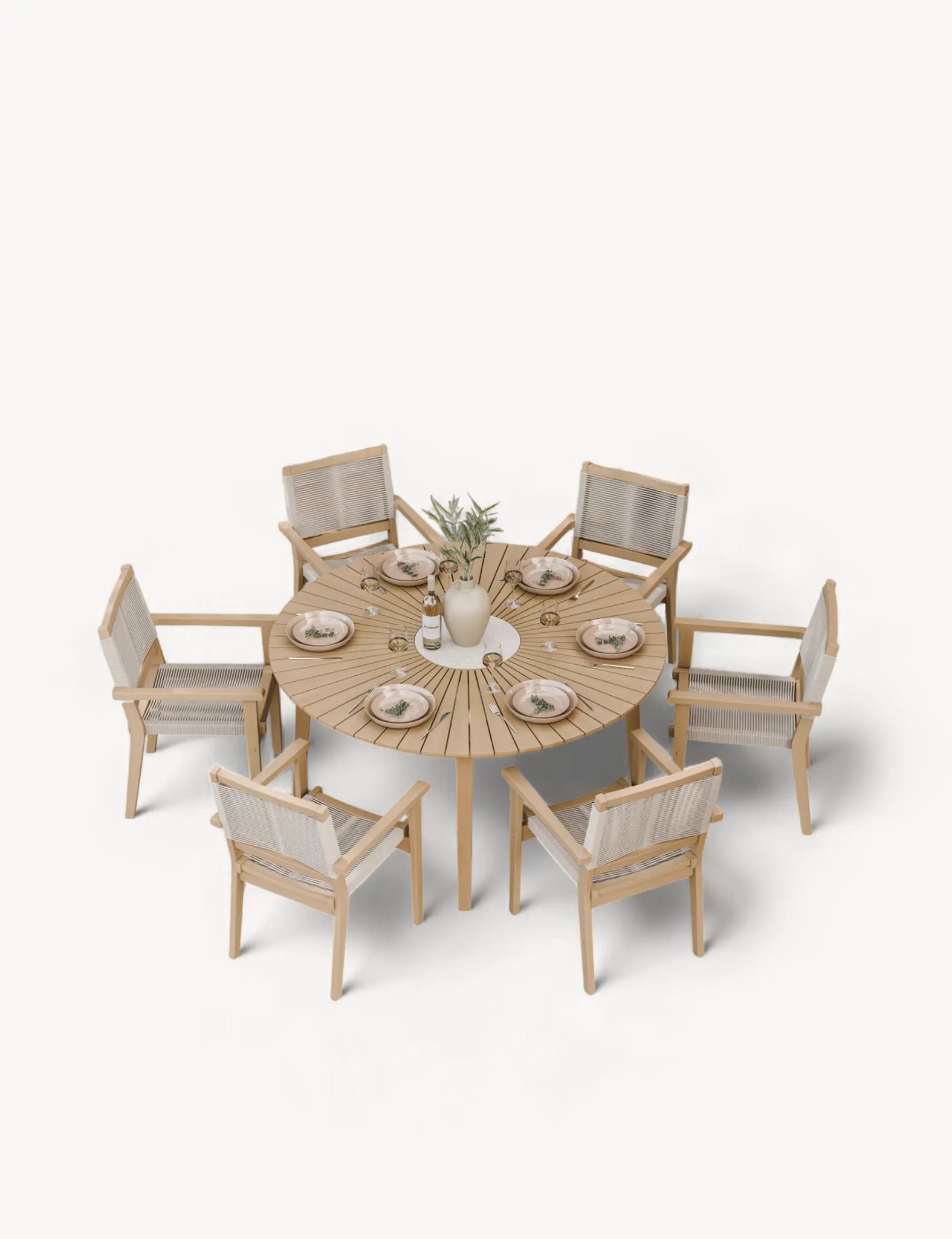 Image of Roma 6 Seater Round Sunray with Terrazzo Insert Dining Set with Roma Rope Stacking Chairs