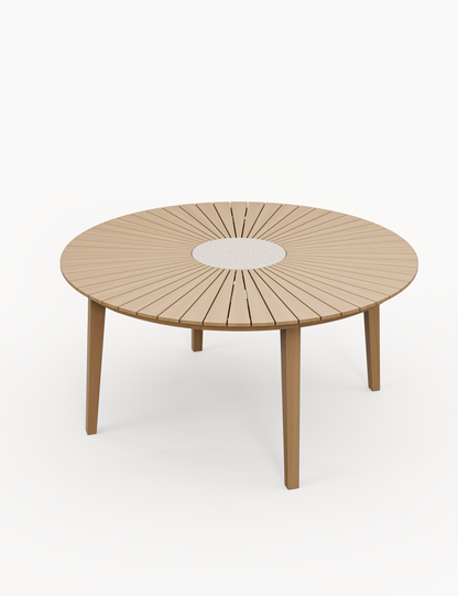 Roma 6 Seater Round Sunray with Terrazzo Insert Dining Set with Roma Rope Stacking Chairs