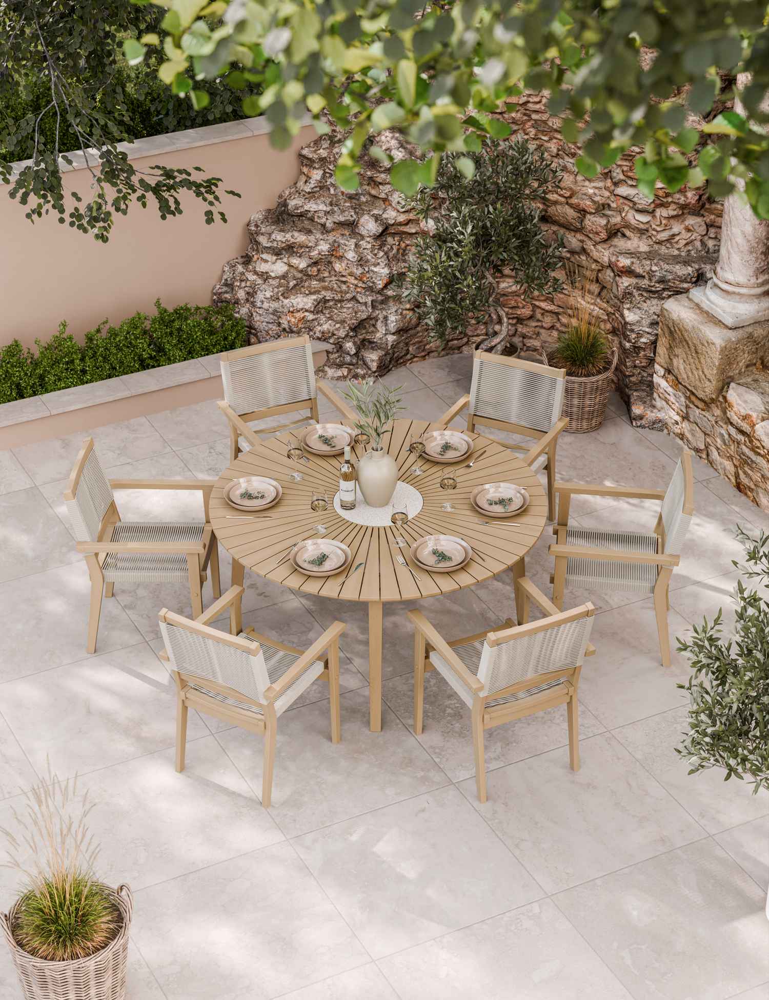Roma 6 Seater Round Sunray with Terrazzo Insert Dining Set with Roma Rope Stacking Chairs