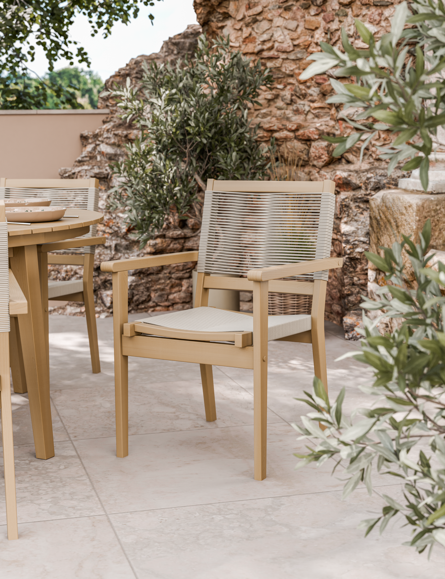 Roma 6 Seater Round Sunray with Terrazzo Insert Dining Set with Roma Rope Stacking Chairs