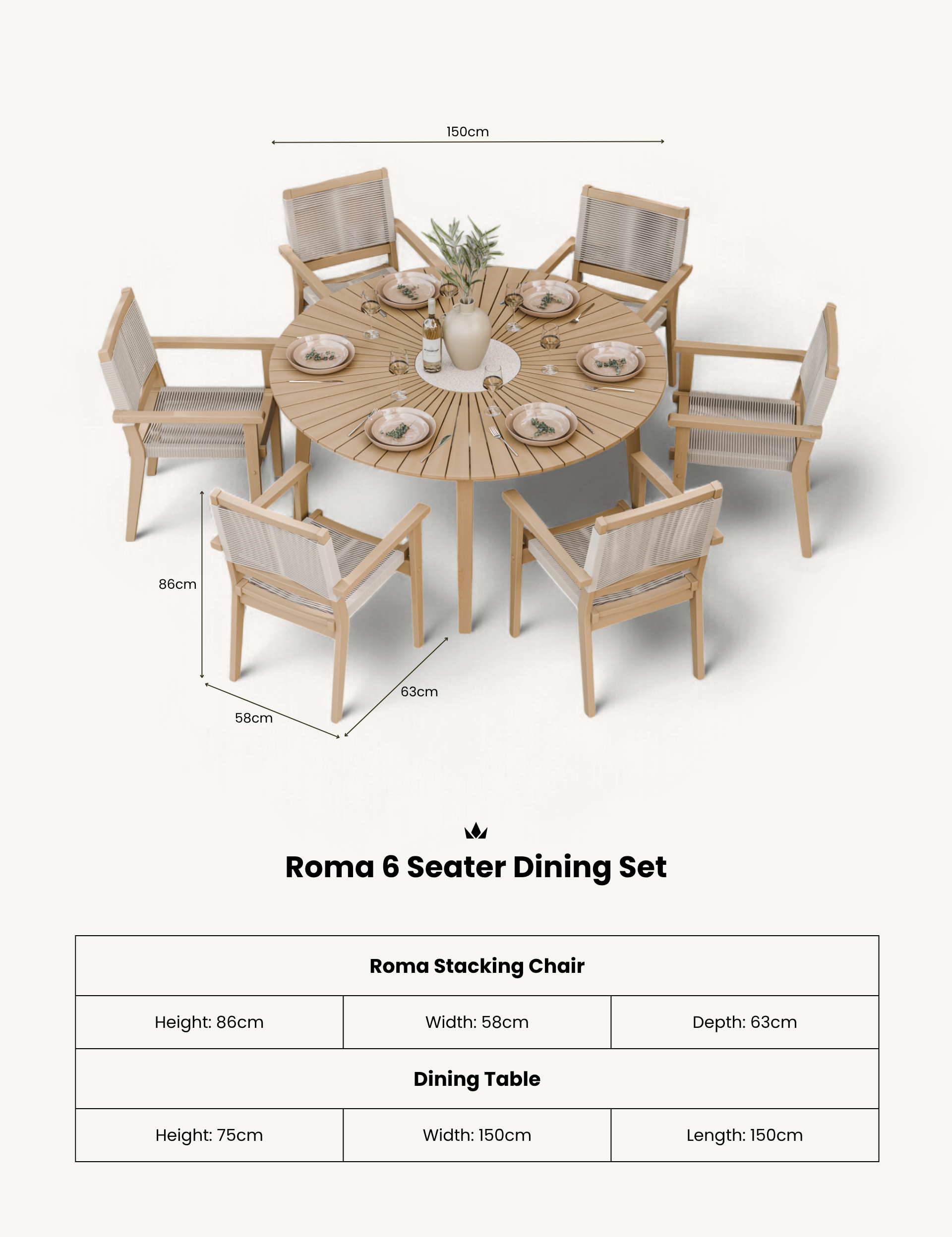 Roma 6 Seater Round Sunray with Terrazzo Insert Dining Set with Roma Rope Stacking Chairs