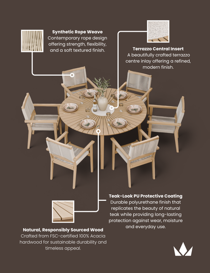 Roma 6 Seater Round Sunray with Terrazzo Insert Dining Set with Roma Rope Stacking Chairs