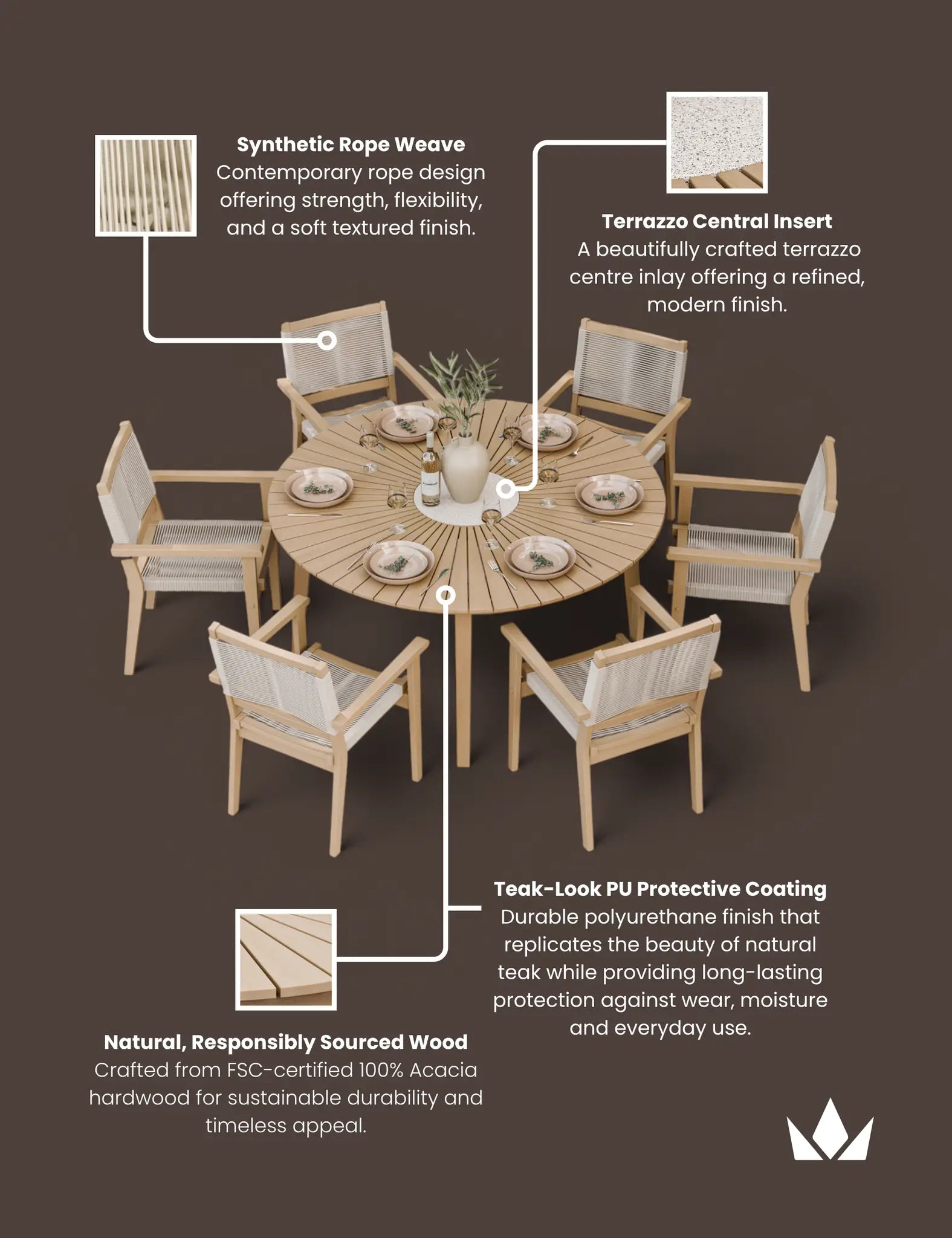 Image of Roma 6 Seater Round Sunray with Terrazzo Insert Dining Set with Roma Rope Stacking Chairs