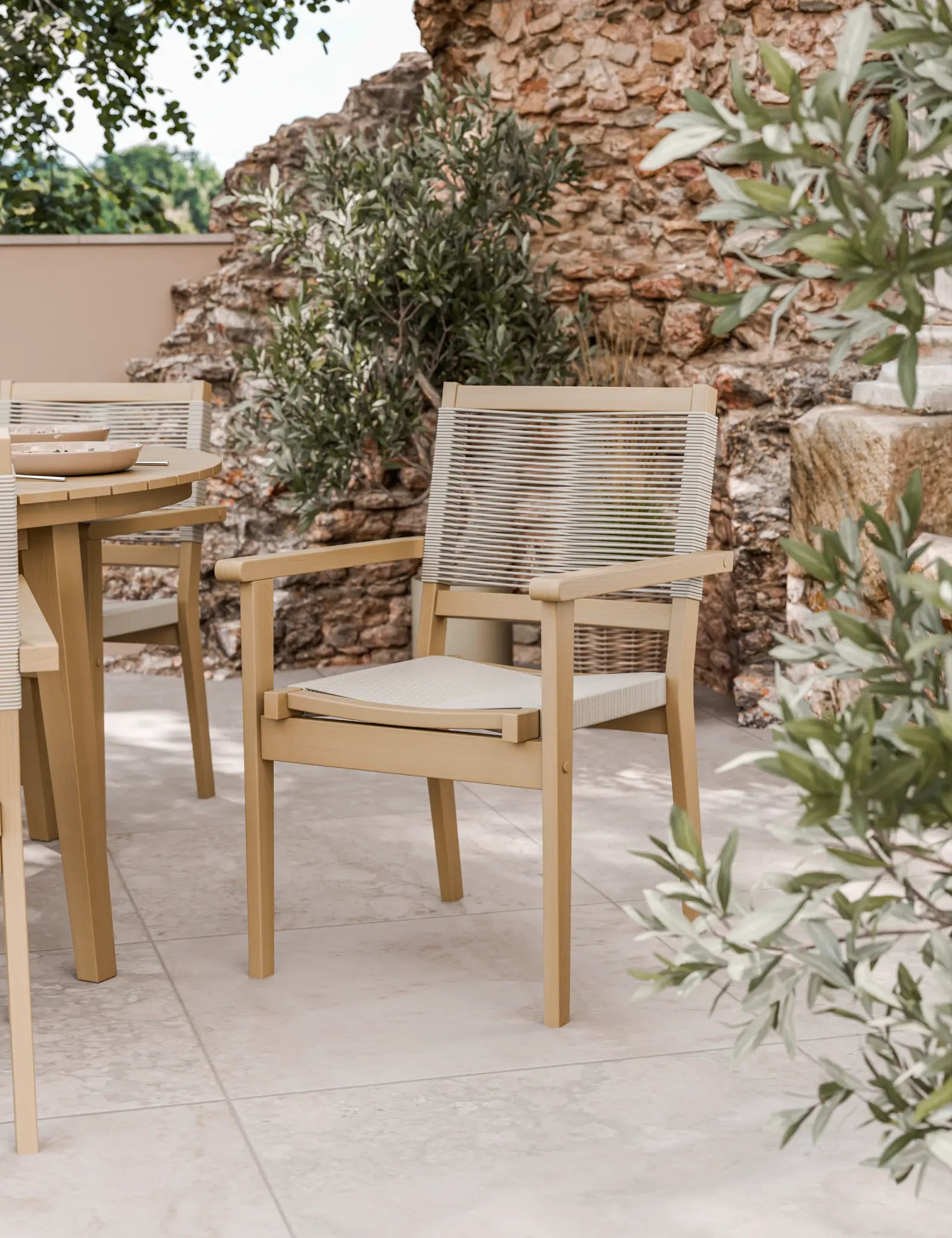 Image of Roma 6 Seater Round Sunray with Terrazzo Insert Dining Set with Roma Rope Stacking Chairs