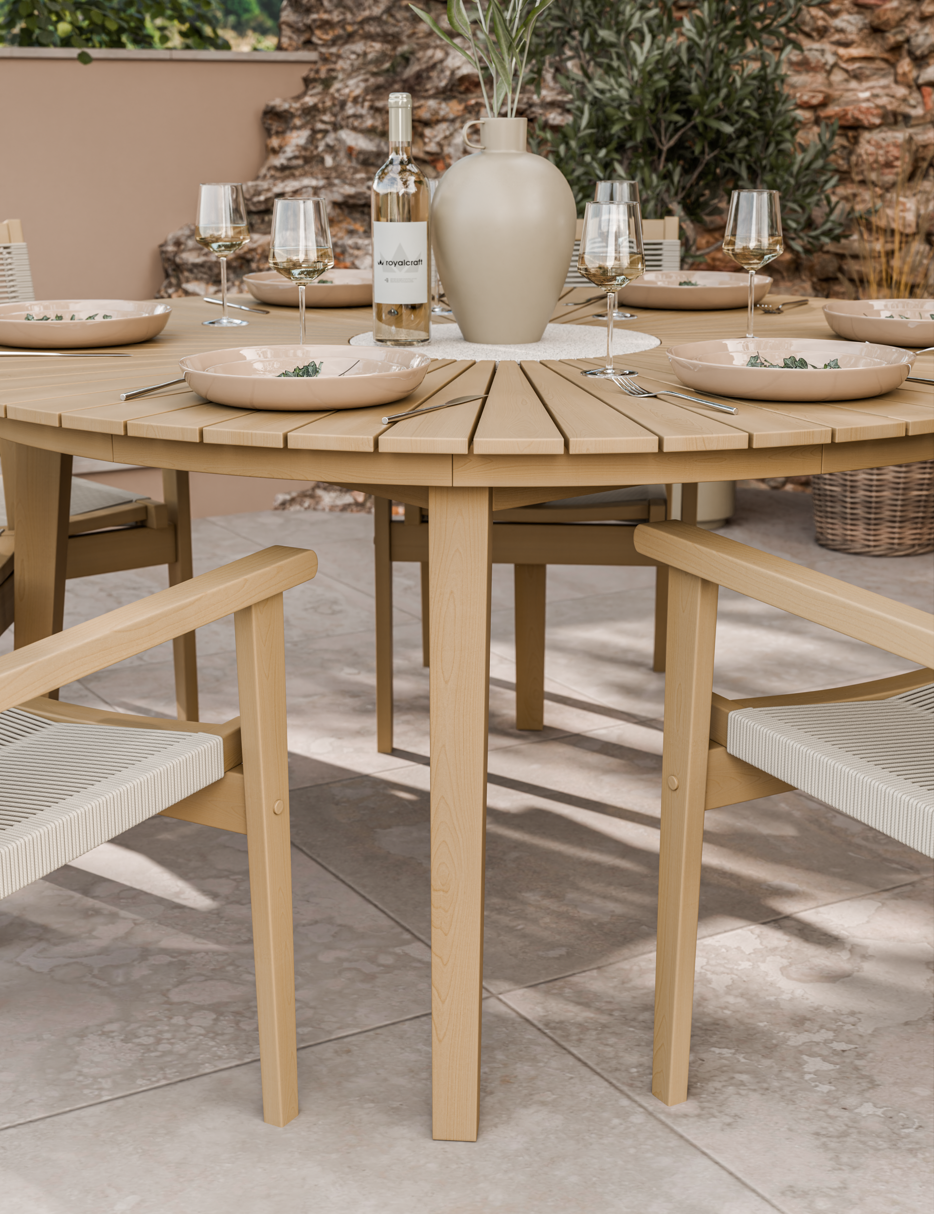 Roma 6 Seater Round Sunray with Terrazzo Insert Dining Set with Roma Rope Stacking Chairs