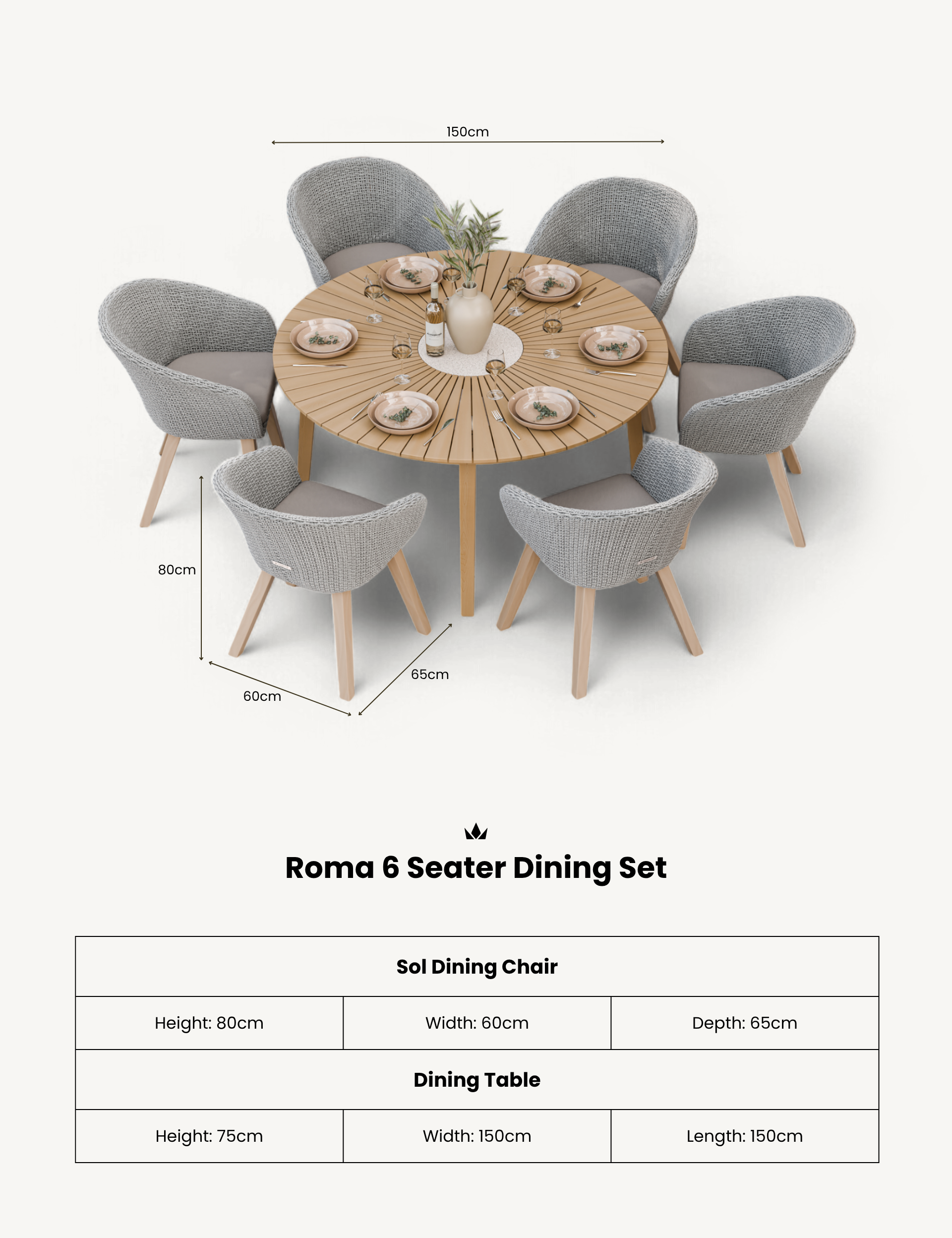 Roma 6 Seater 150cm Round Sunray with Terrazzo Insert Dining Set with 6 Sol Dining Chairs