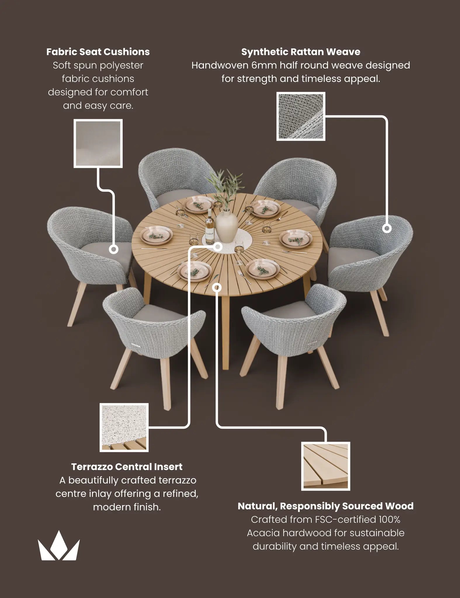 Image of Roma 6 Seater 150cm Round Sunray with Terrazzo Insert Dining Set with 6 Sol Dining Chairs