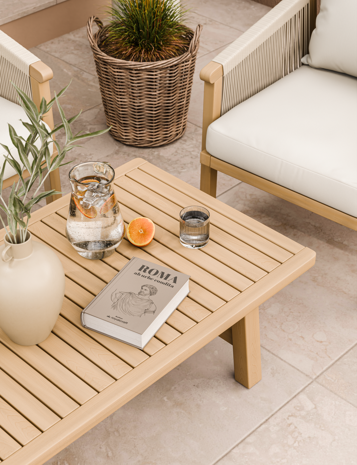 Outdoor patio scene with wooden table, book, drink, and armchairs