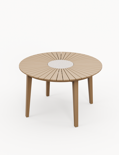 Roma 4 Seater Round Sunray with Terrazzo Insert Dining Set with Roma Rope Stacking Chairs