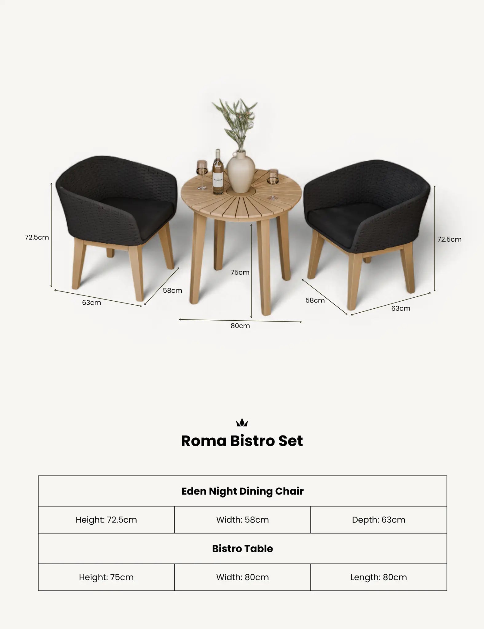 Roma 2 Seater Round Sunray Bistro Set with Eden Night Dining Chairs