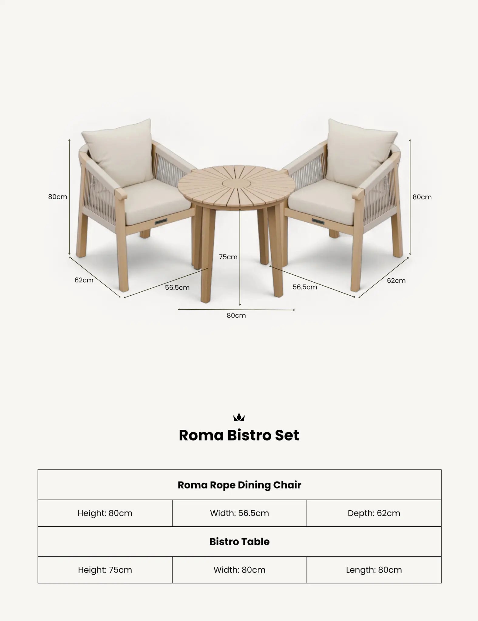 Roma 2 Seater Round Sunray Bistro Set with Roma Dining Chairs
