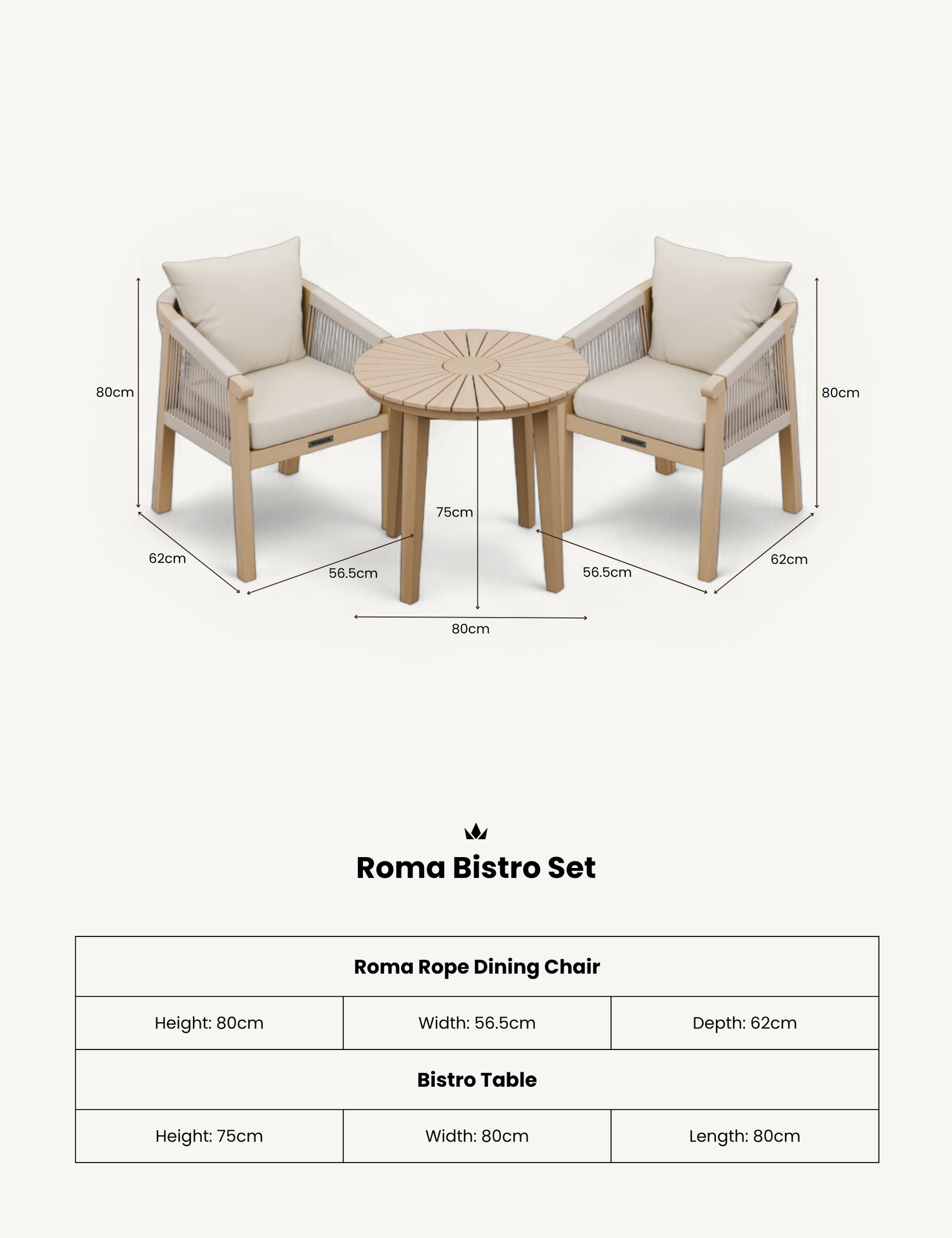 Roma 2 Seater Round Sunray Bistro Set with Roma Dining Chairs