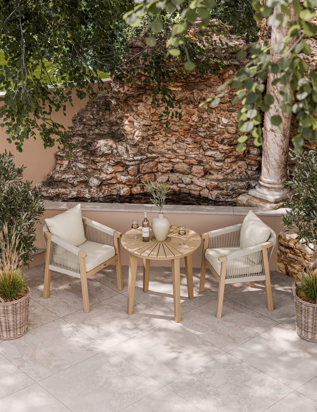 Rope bistro dining set with cushions on stone patio