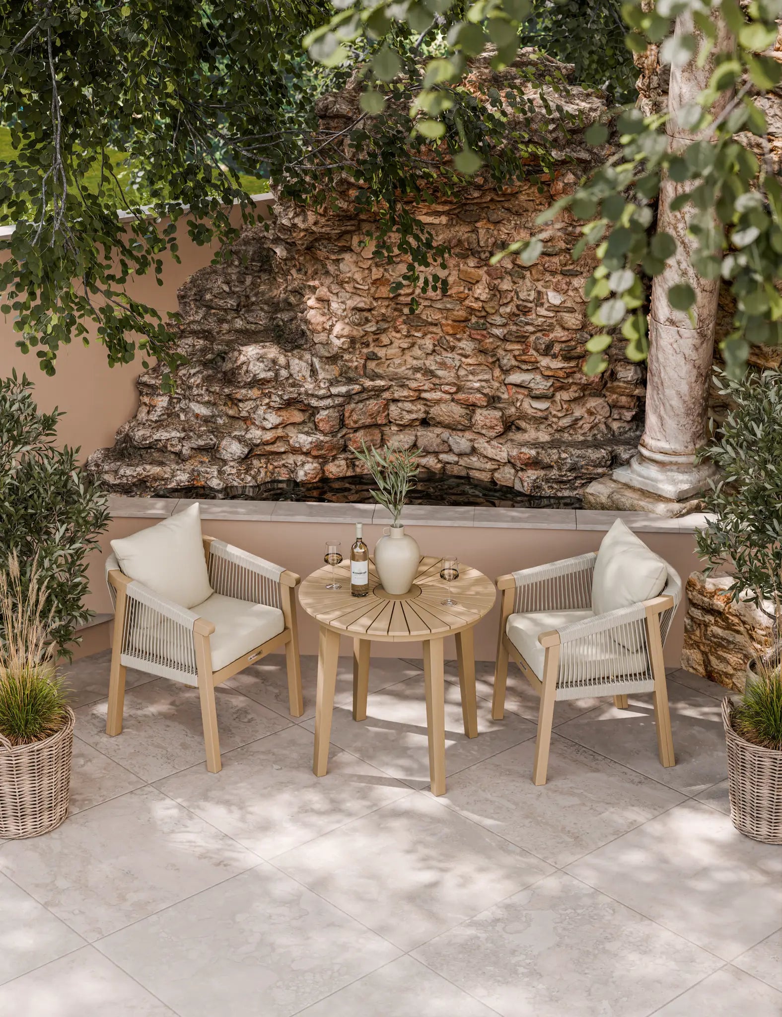 Image of Rope bistro dining set with cushions on stone patio