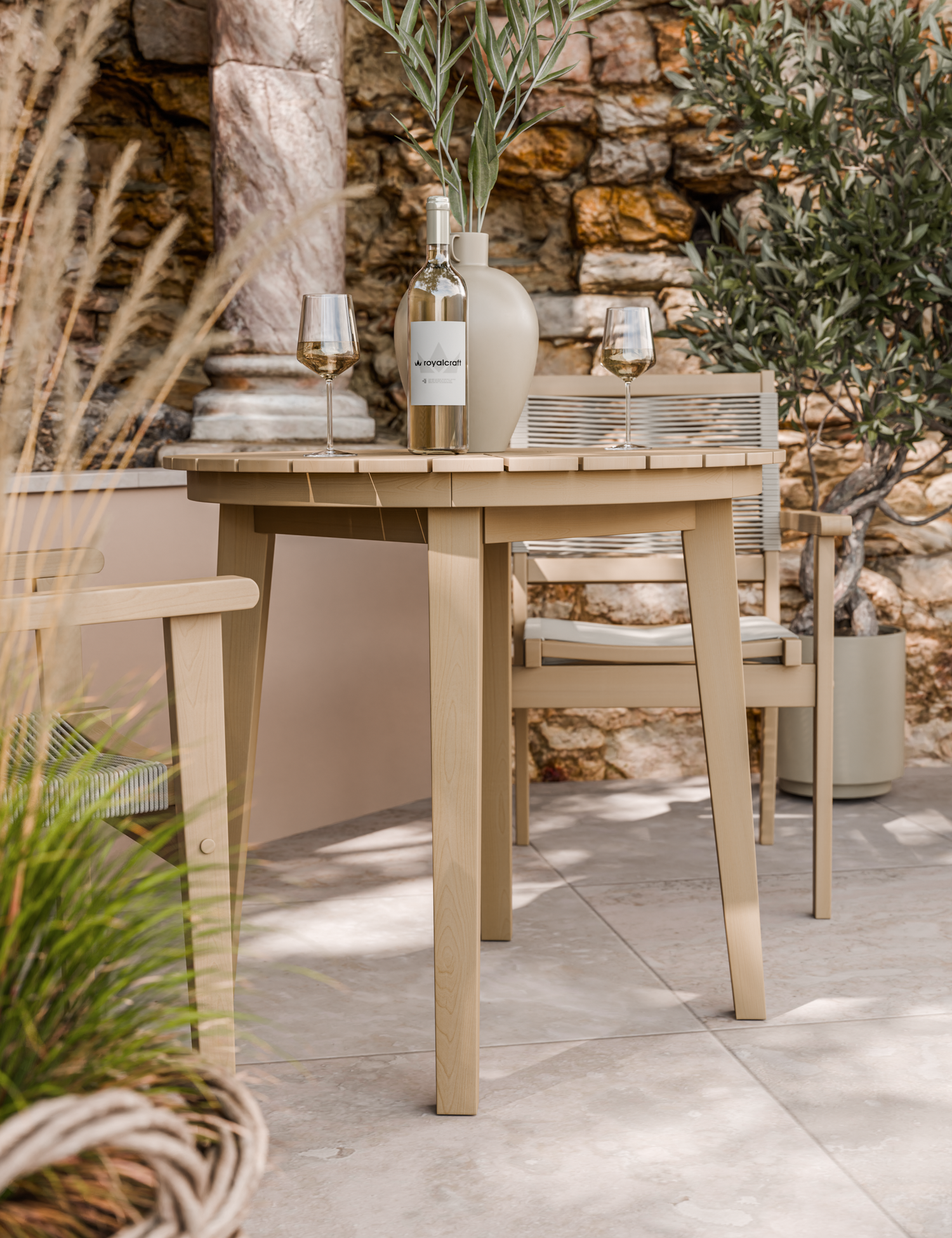 Roma 80cm Round Sunray Bistro Set with Roma Rope Stacking Chairs