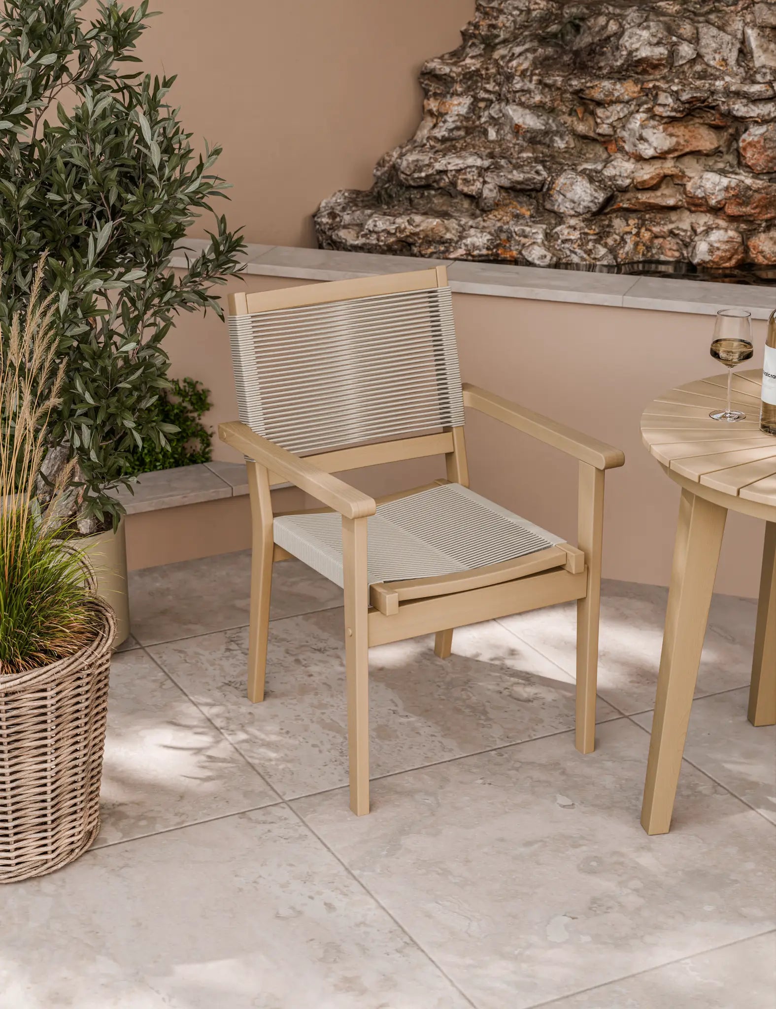 Roma 80cm Round Sunray Bistro Set with Roma Rope Stacking Chairs