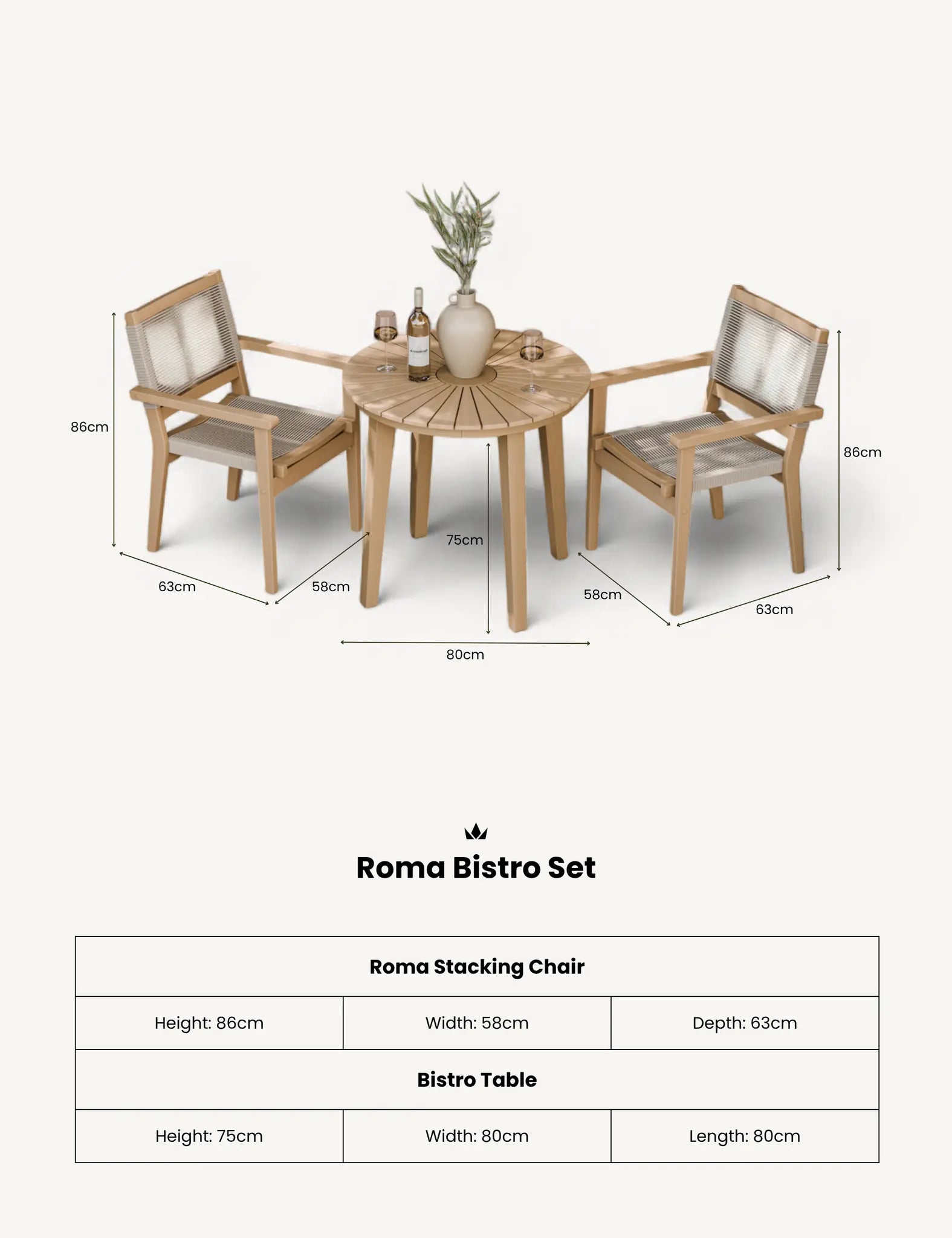 Image of Roma 80cm Round Sunray Bistro Set with Roma Rope Stacking Chairs