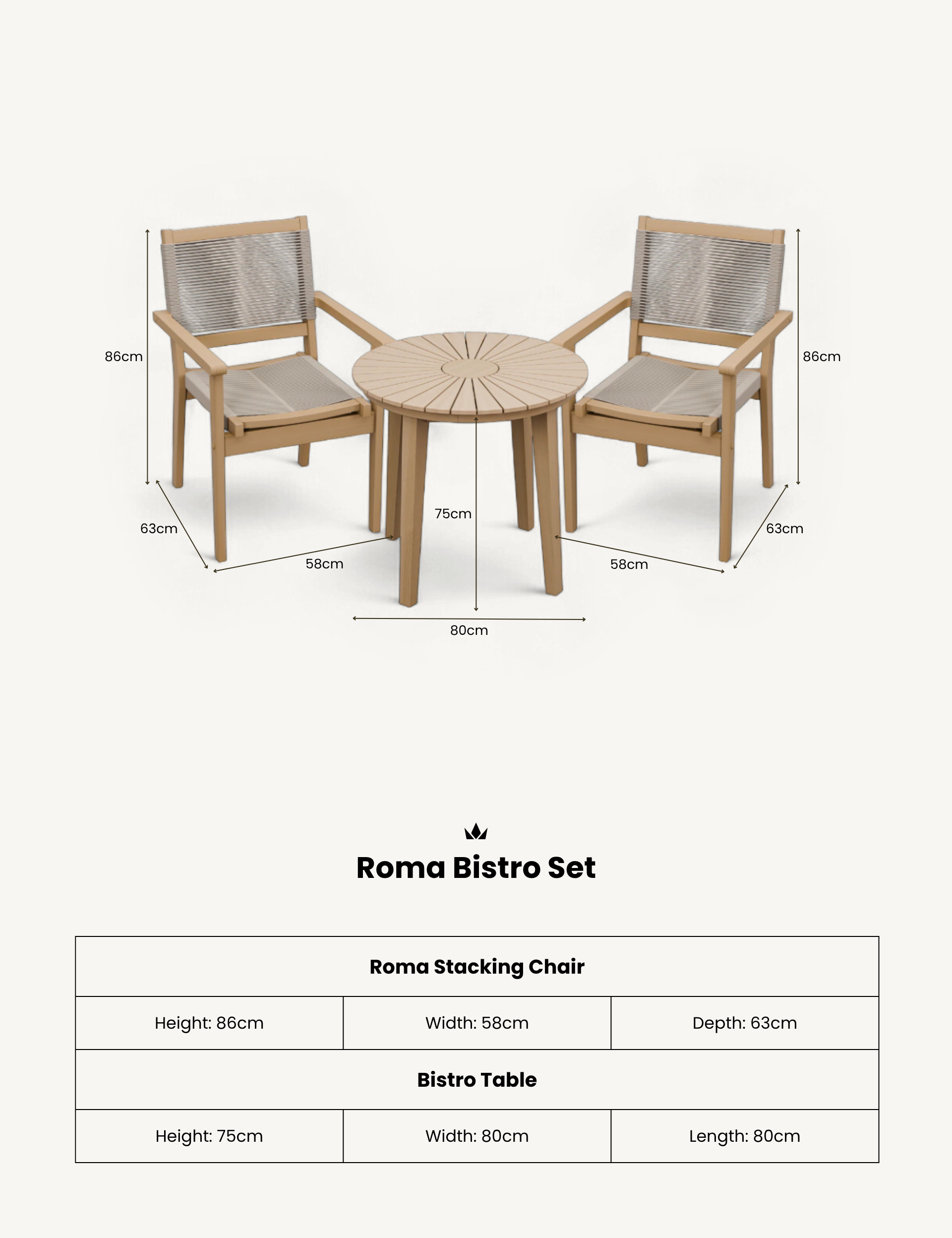 Roma 80cm Round Sunray Bistro Set with Roma Rope Stacking Chairs