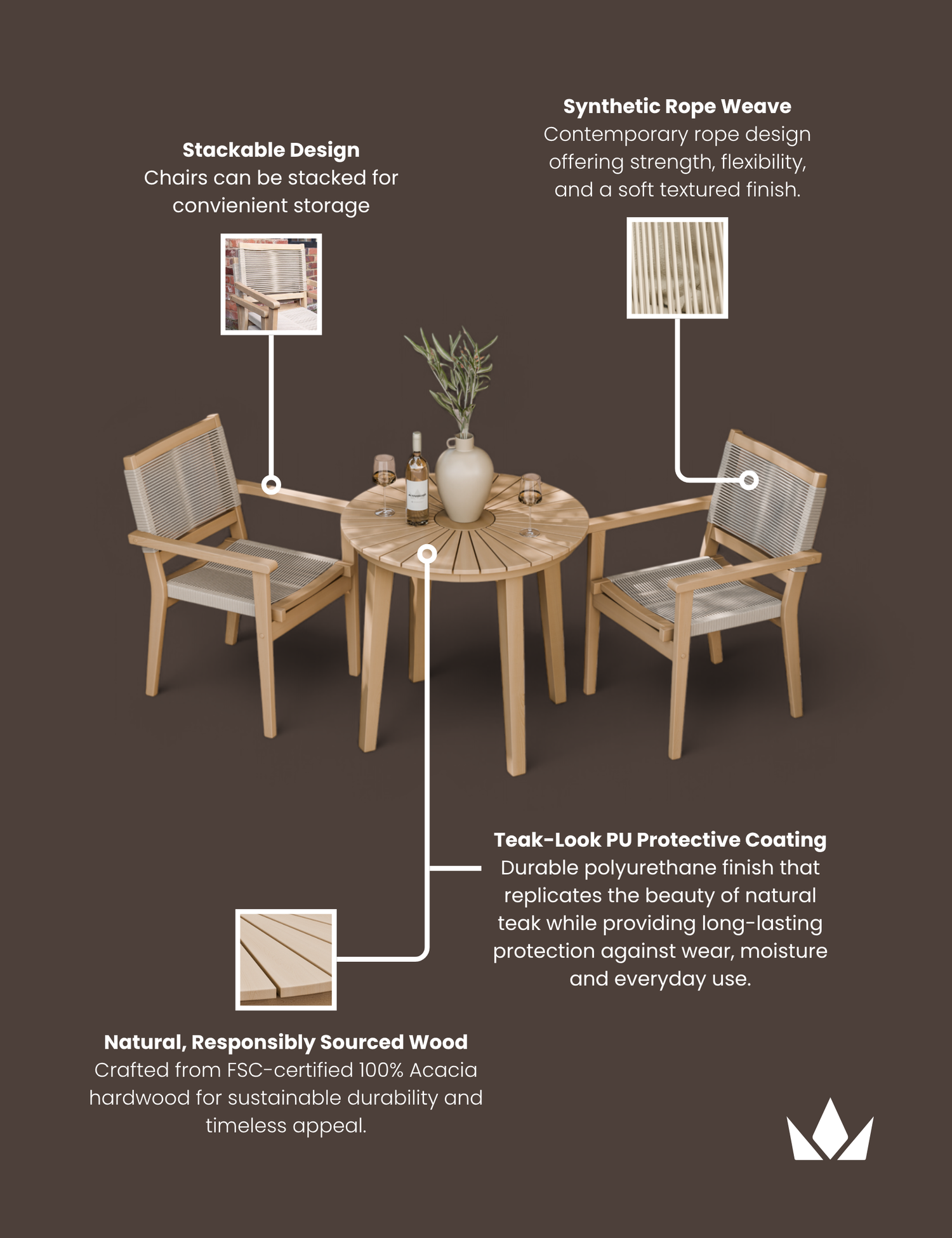 Roma 80cm Round Sunray Bistro Set with Roma Rope Stacking Chairs