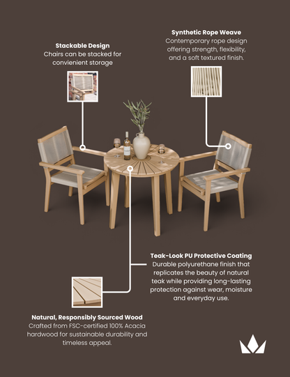 Roma 80cm Round Sunray Bistro Set with Roma Rope Stacking Chairs