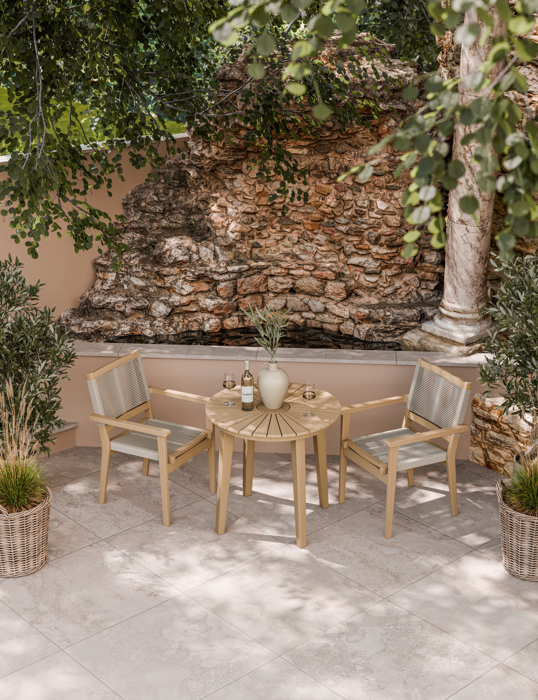Rope bistro set with round table on garden patio