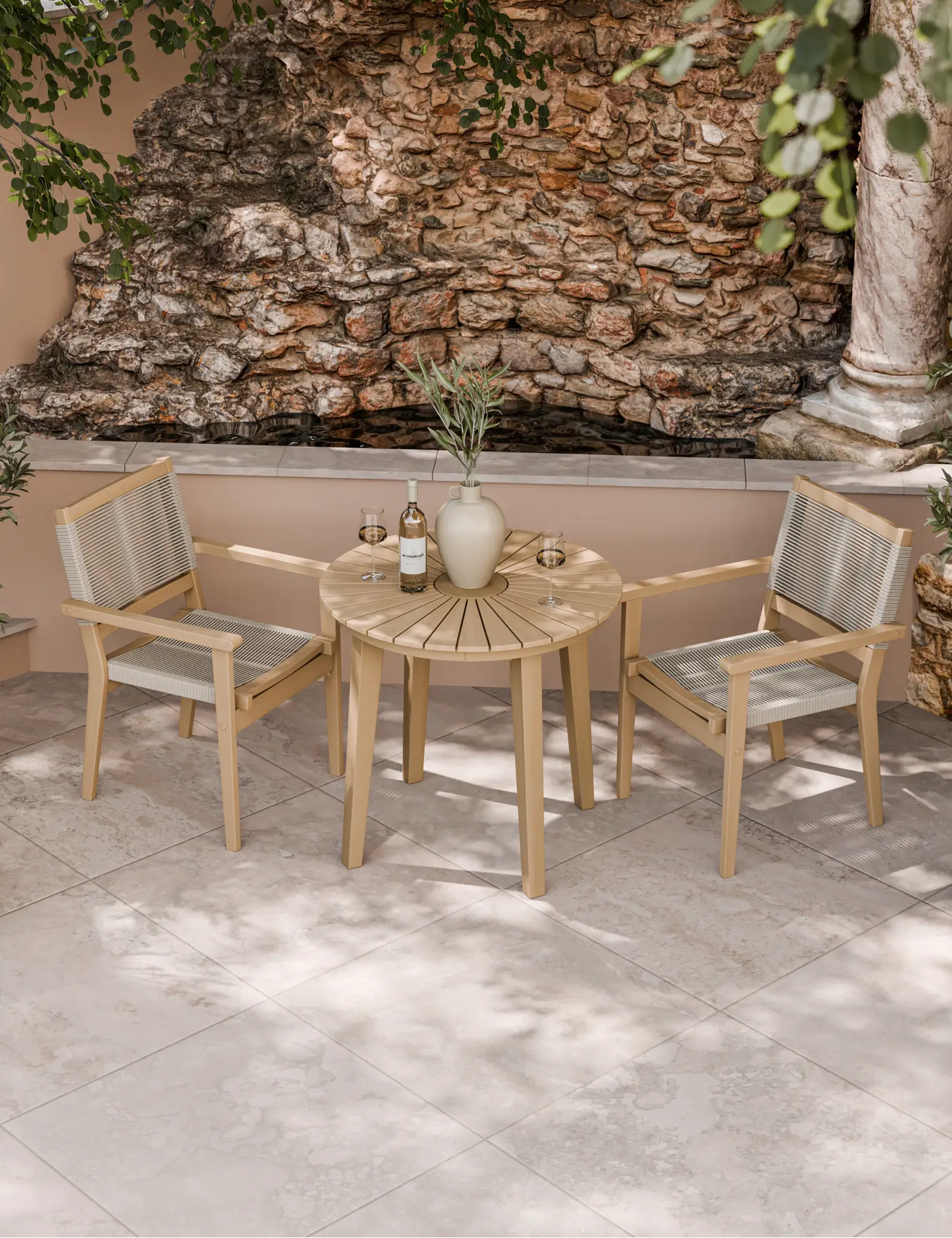 Rope bistro set with round table on garden patio
