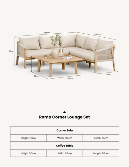 Roma 5 Seater Corner Lounge Set with 90cm Square Coffee Table