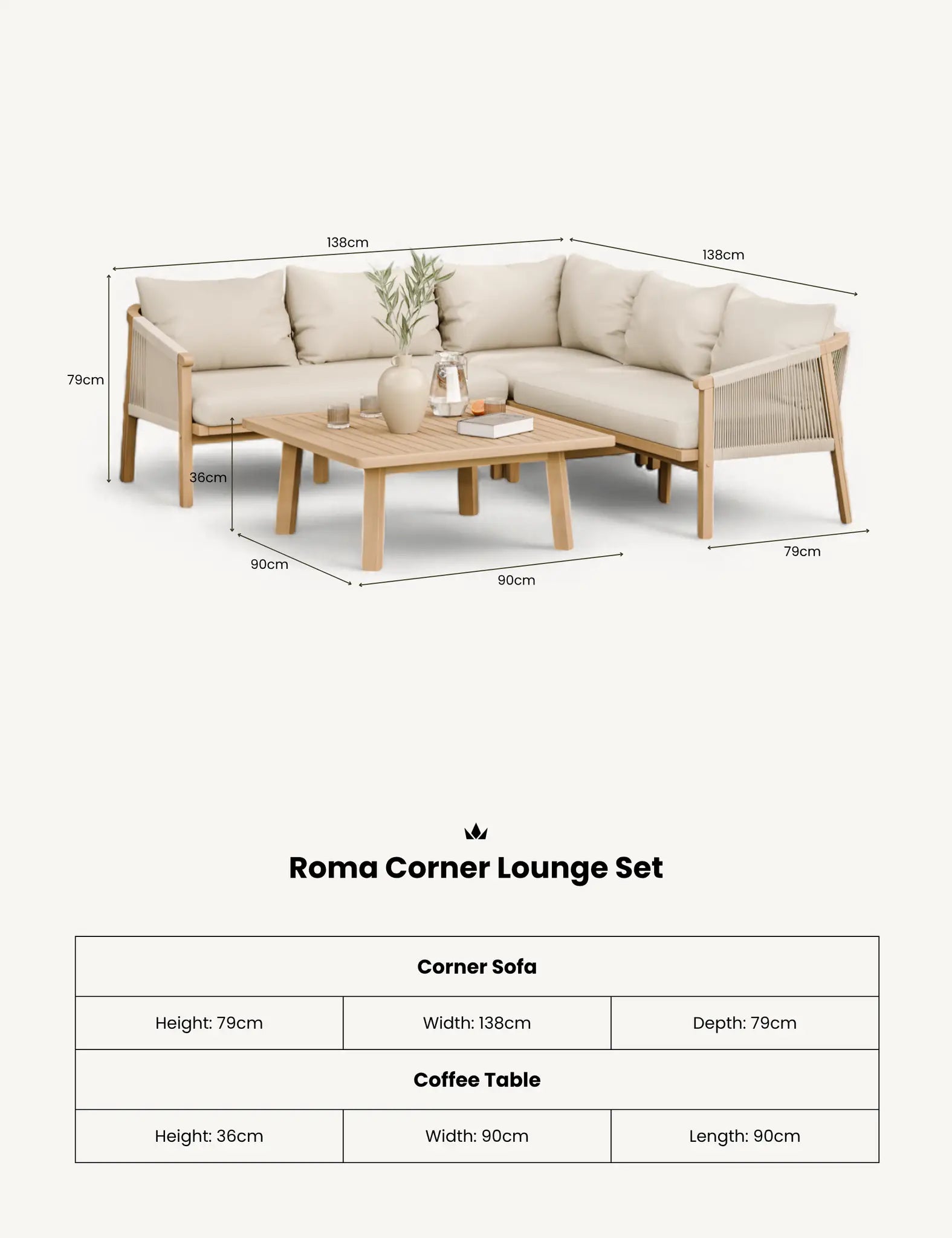 Image of Roma 5 Seater Corner Lounge Set with 90cm Square Coffee Table