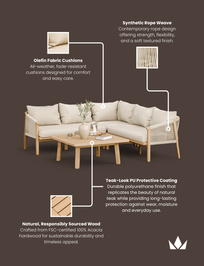 Roma 5 Seater Corner Lounge Set with 90cm Square Coffee Table