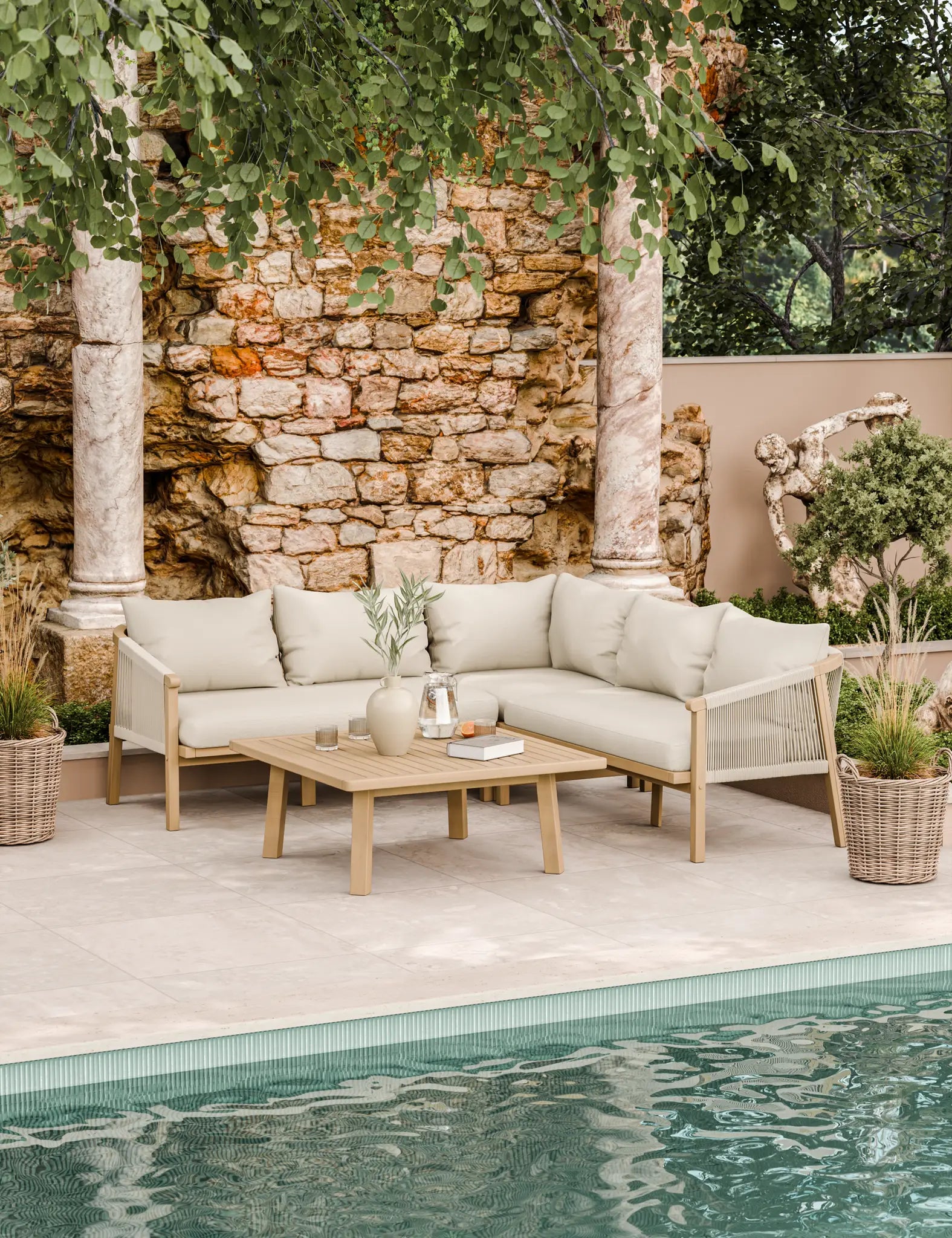 Image of Cream corner sofa set with wooden table by poolside